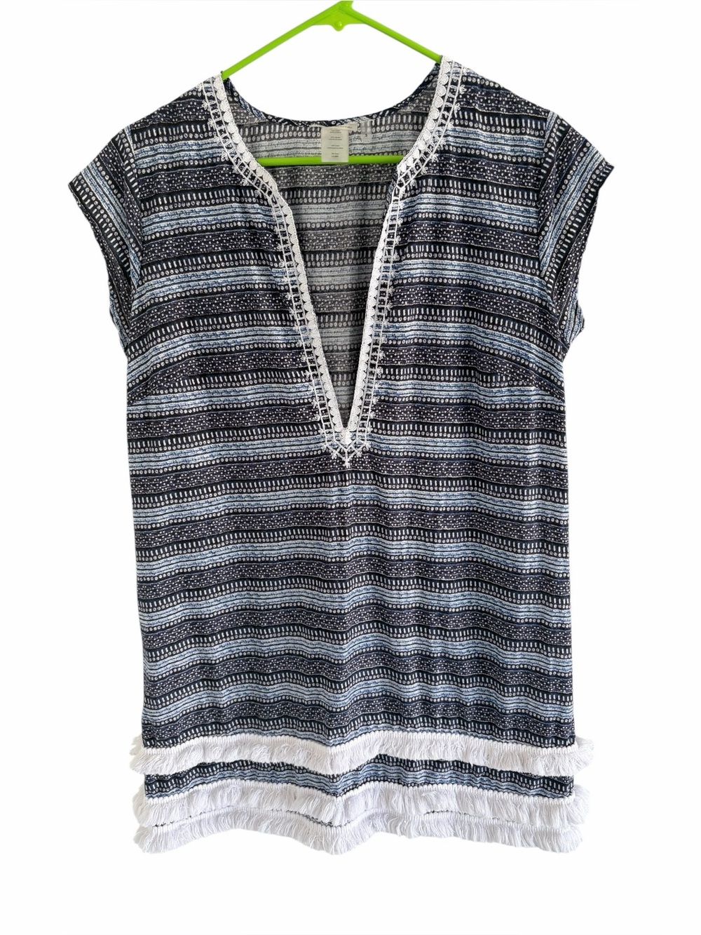 Bleu Rod Beattie navy and light blue coverup or resort wear with fringe hem